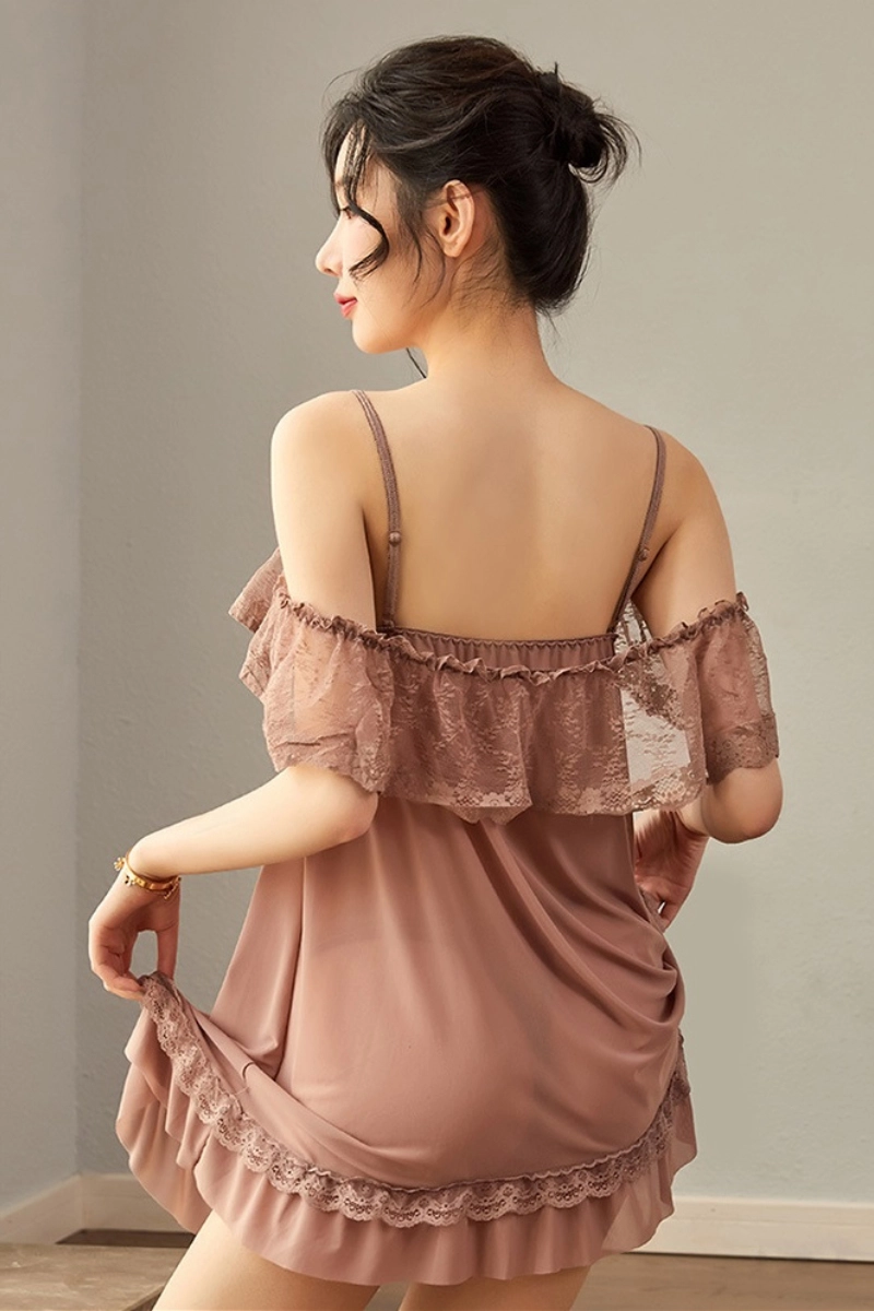 Alt:B2B cosabella lace pajamas in mocha brown featuring off-shoulder lace and ruffle hem