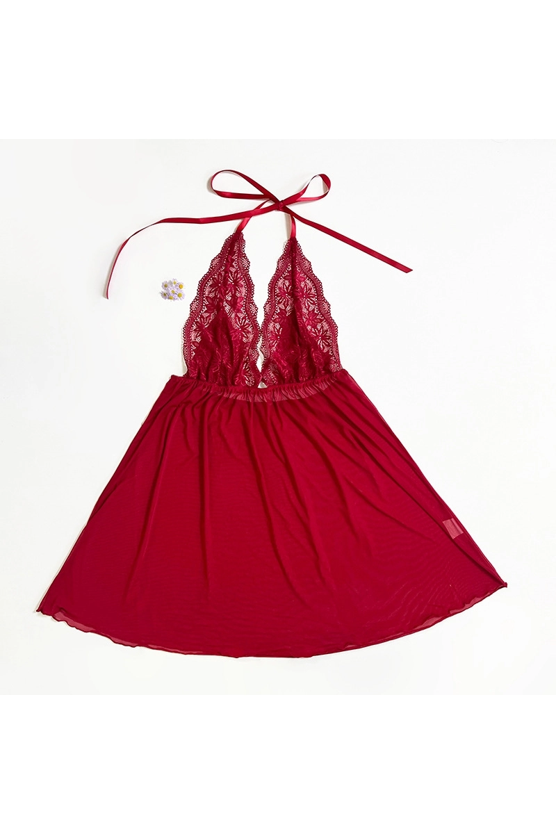 Elegant wine red b2b lace bodice pajamas with halter tie