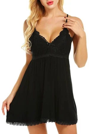 Elegant b2b lace up pajamas in black featuring lace bodice and flared skirt