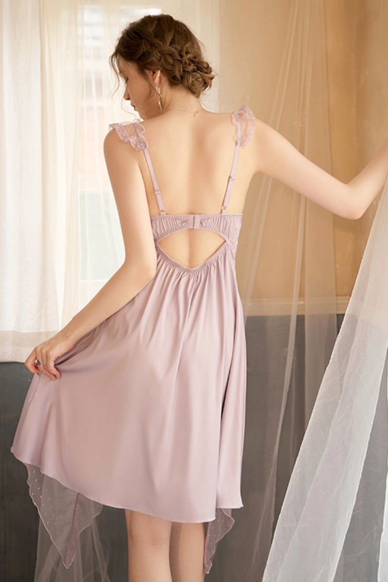 Alt:b2b long Pajamas lace in lavender pink showing elegant back and gathered skirt