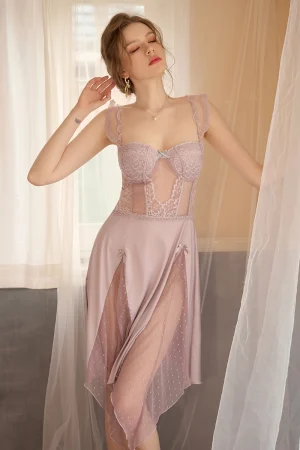 Alt：b2b long Pajamas lace in lavender pink with lace bodice and mesh skirt