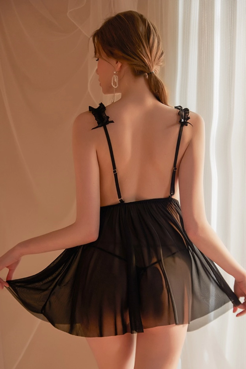 back view of b2b long silk lace pajamas in black with open back design