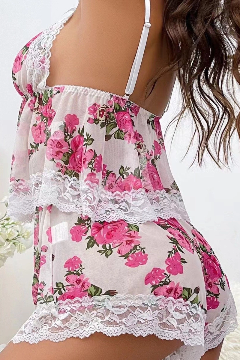 b2b transparent lace Pajamas side view featuring pink floral design
