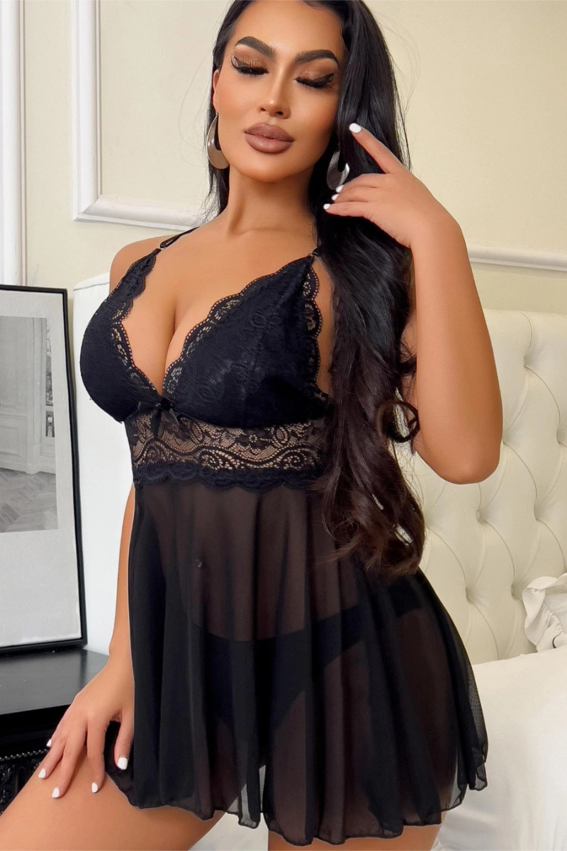 Alt Text:b2b Victorian lace pajama featuring sheer black mesh and lace top