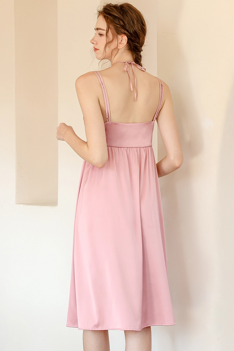Alt:Back view of soft pink private label linen lace pajamas