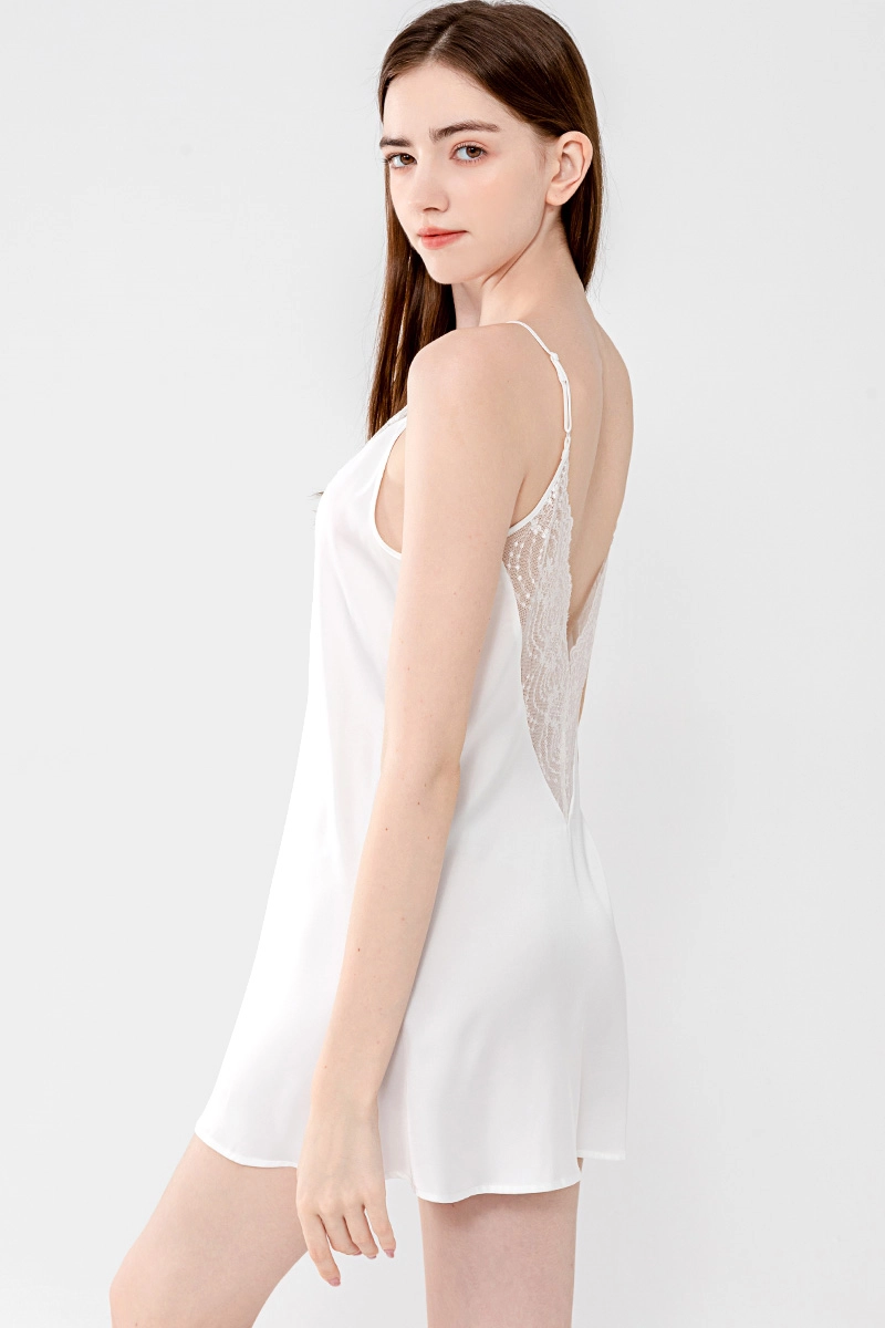White bulk lace wrap pajamas with low-back lace V-cut design