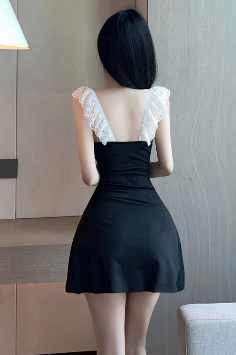 Alt Text：Back view of custom lace Pajama dress with black satin skirt and white lace straps