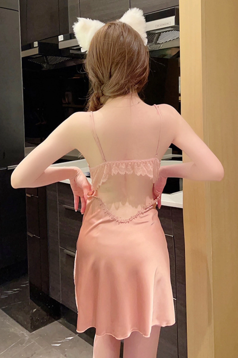 Alt Text:Back design of pink bulk lace strappy pajamas with open back and lace band