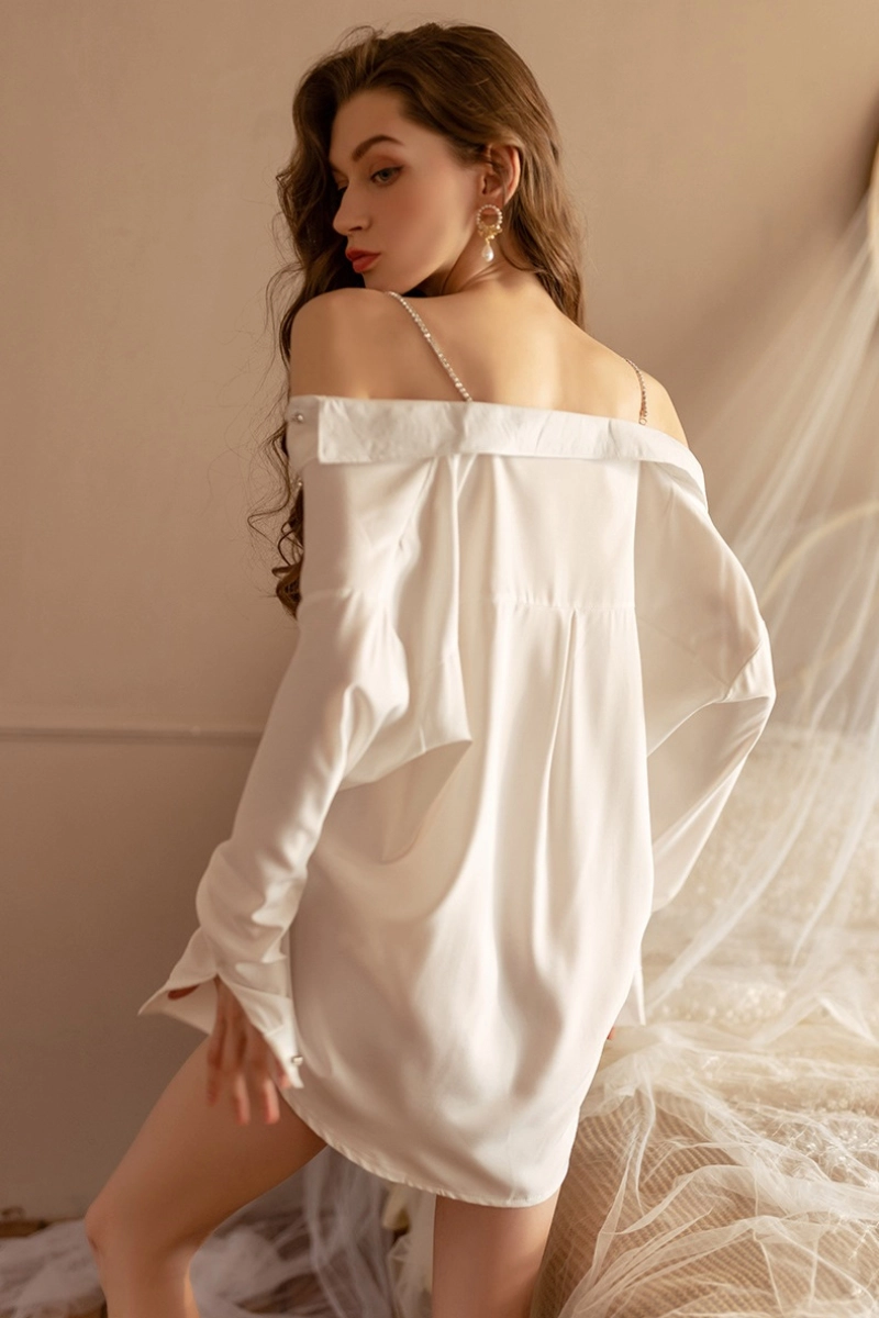 Back design of private label historical Victorian lace pajamas in white satin fabric