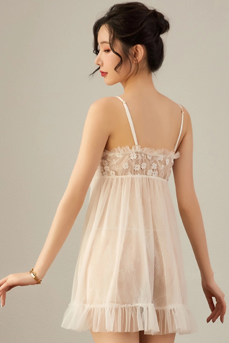 Alt:Back view of wholesale cosabella lace pajamas in cream white with soft sheer mesh