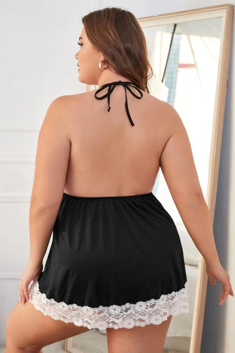Back view of bulk stretch lace Pajamas with halter tie and lace hem