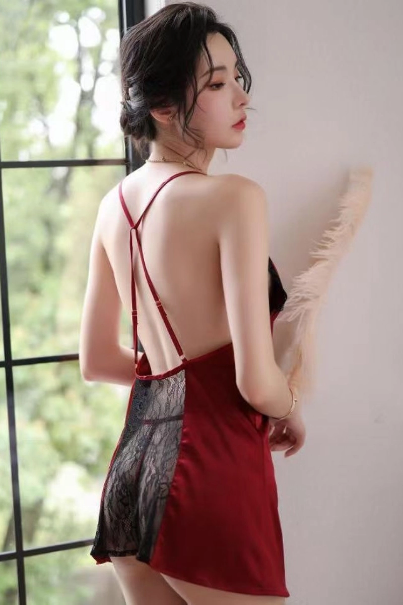Alt Text:Back view of wholesale burgundy lace Pajamas with sheer lace inset