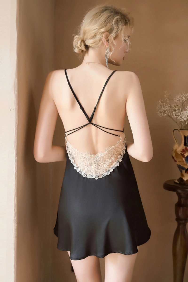 Alt Text:Back view of black wholesale lace-up flannel Pajamas with lace and criss-cross straps
