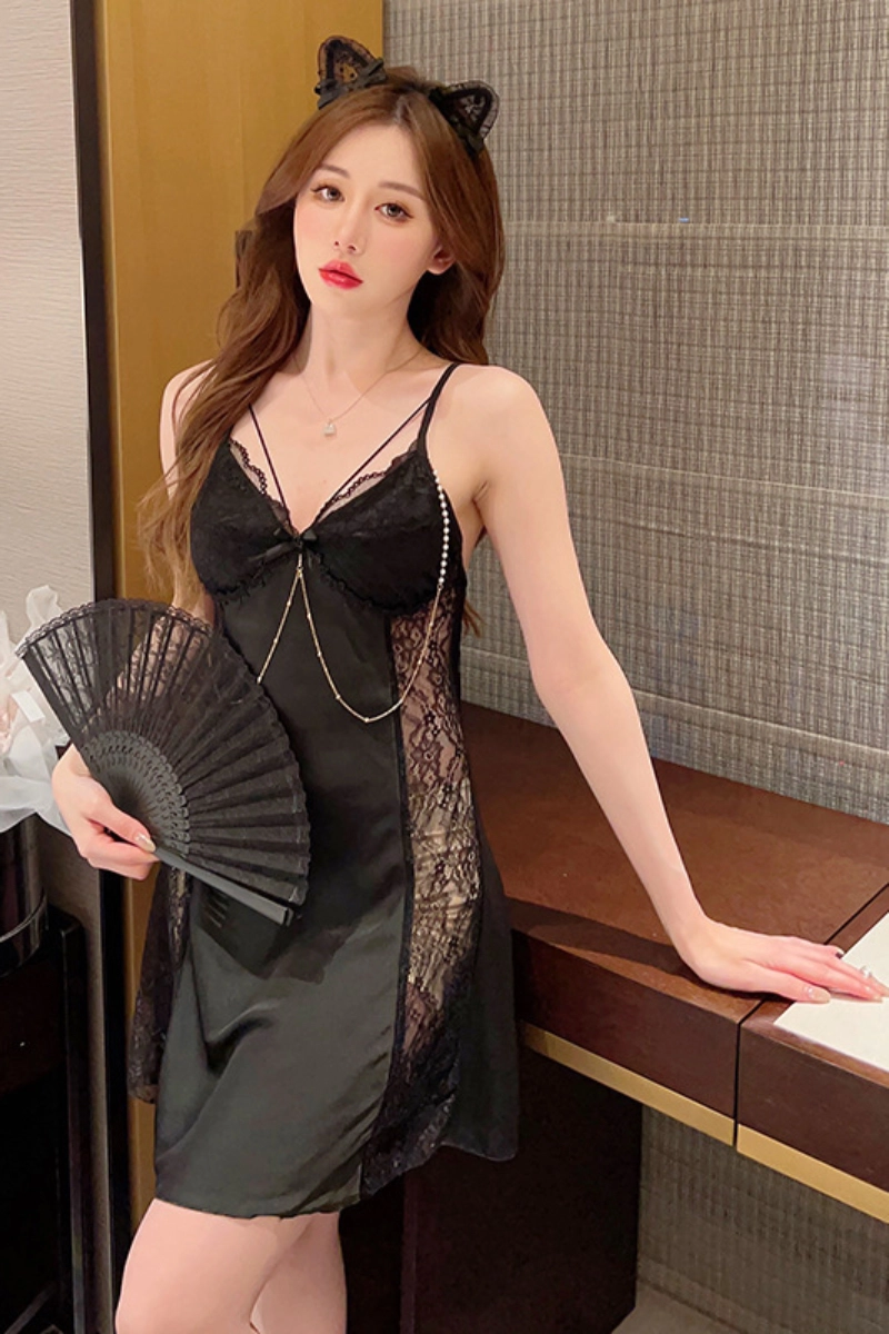 Alt Text:Black bulk lace strappy pajamas with sheer panels and satin finish