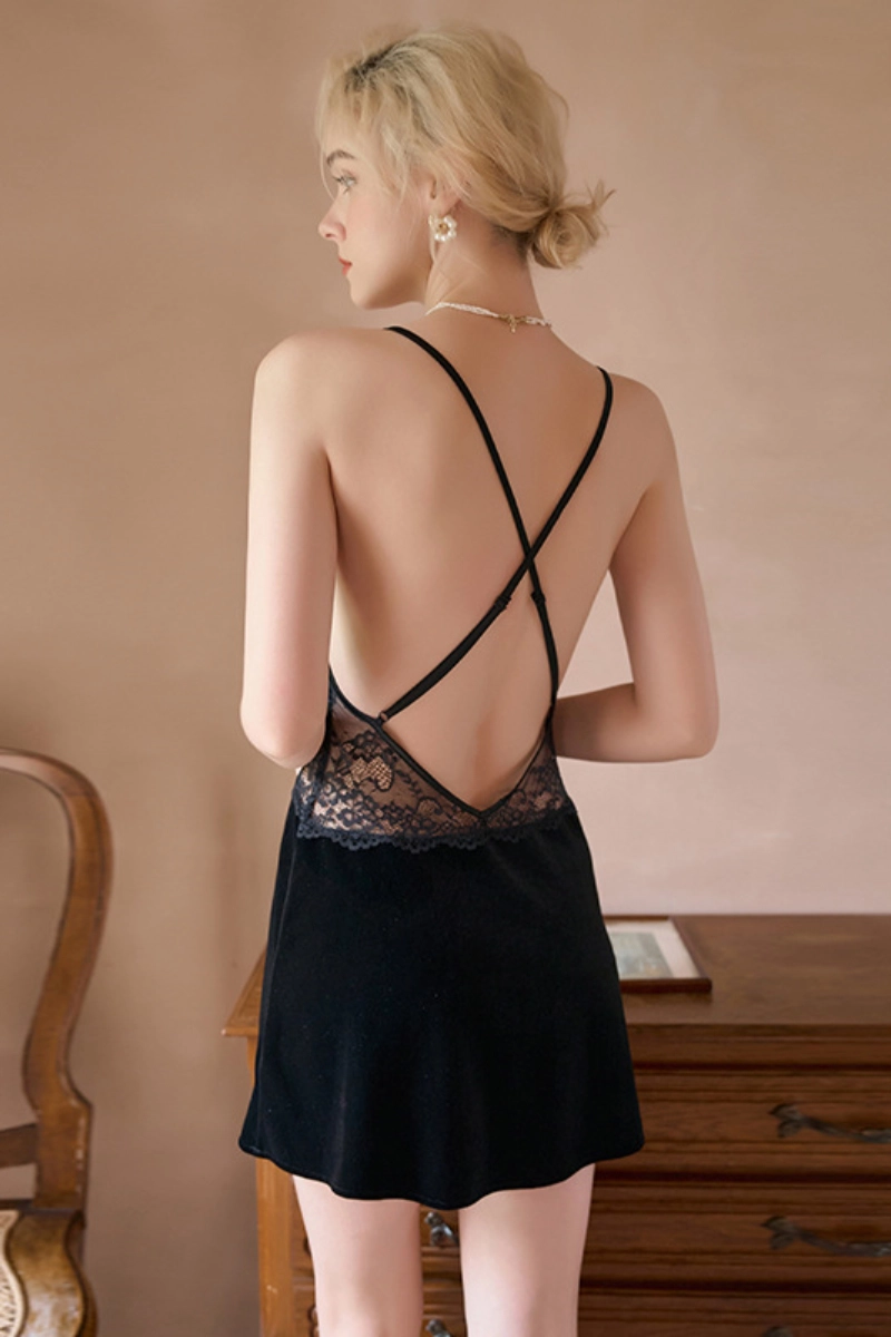 Alt Text:Black bulk long sleeve lace pajama featuring open back and cross straps