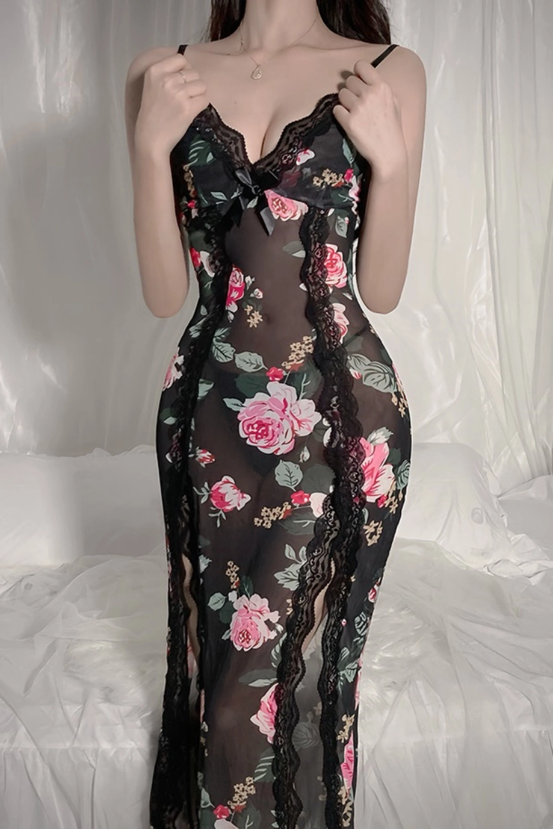Alt Text: Elegant wholesale lace Pajamas short with black base and red floral print