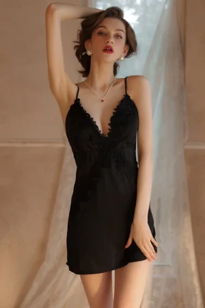black wholesale bridal Pajamas satin lace with floral trim and plunging neckline