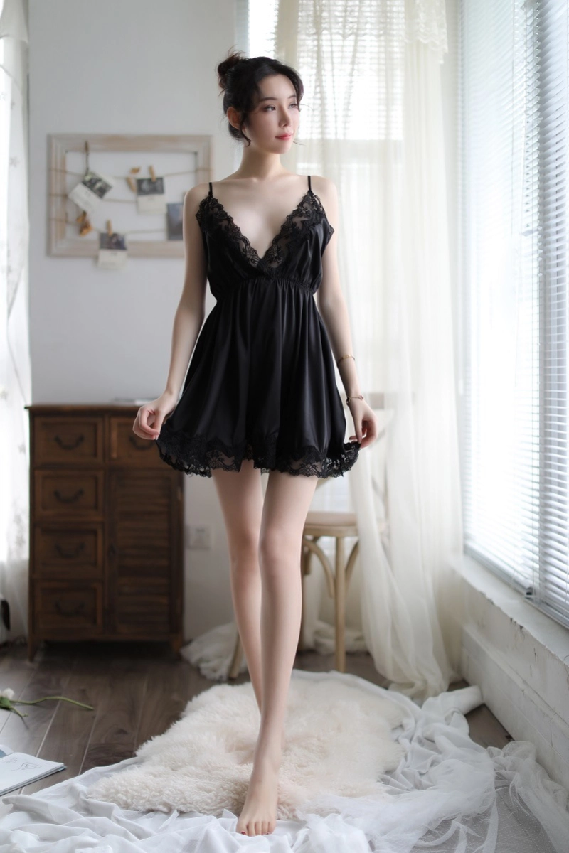 Alt:Black wholesale lace slip nightgown featuring deep V neckline and lace trim