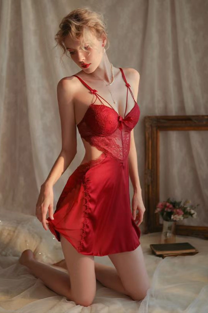 wholesale long silk lace Pajamas in red with lace midsection and flare skirt