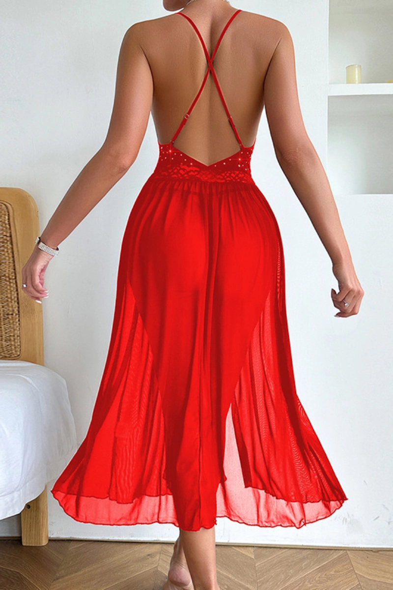 bulk lace bodice pajamas red gown with lace waistband and open back