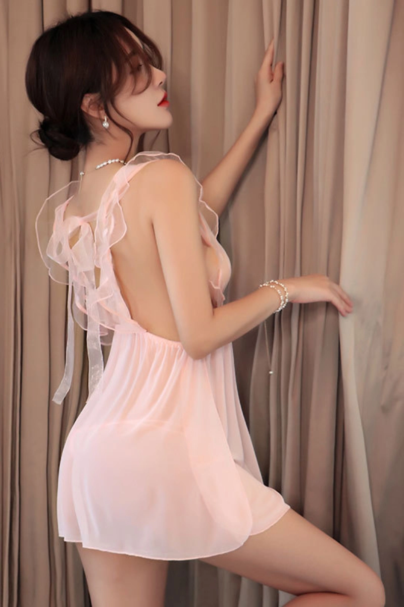 Alt Text:Pink bulk lace top nightgown with sheer mesh and dot pattern