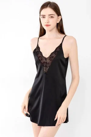 Black bulk lace wrap pajamas with V-neck lace panel and satin finish