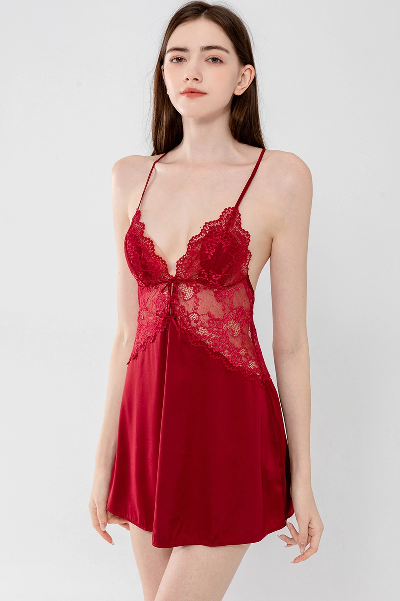 Alt Text:Burgundy B2B lace-up flannel pajamas with lace bodice