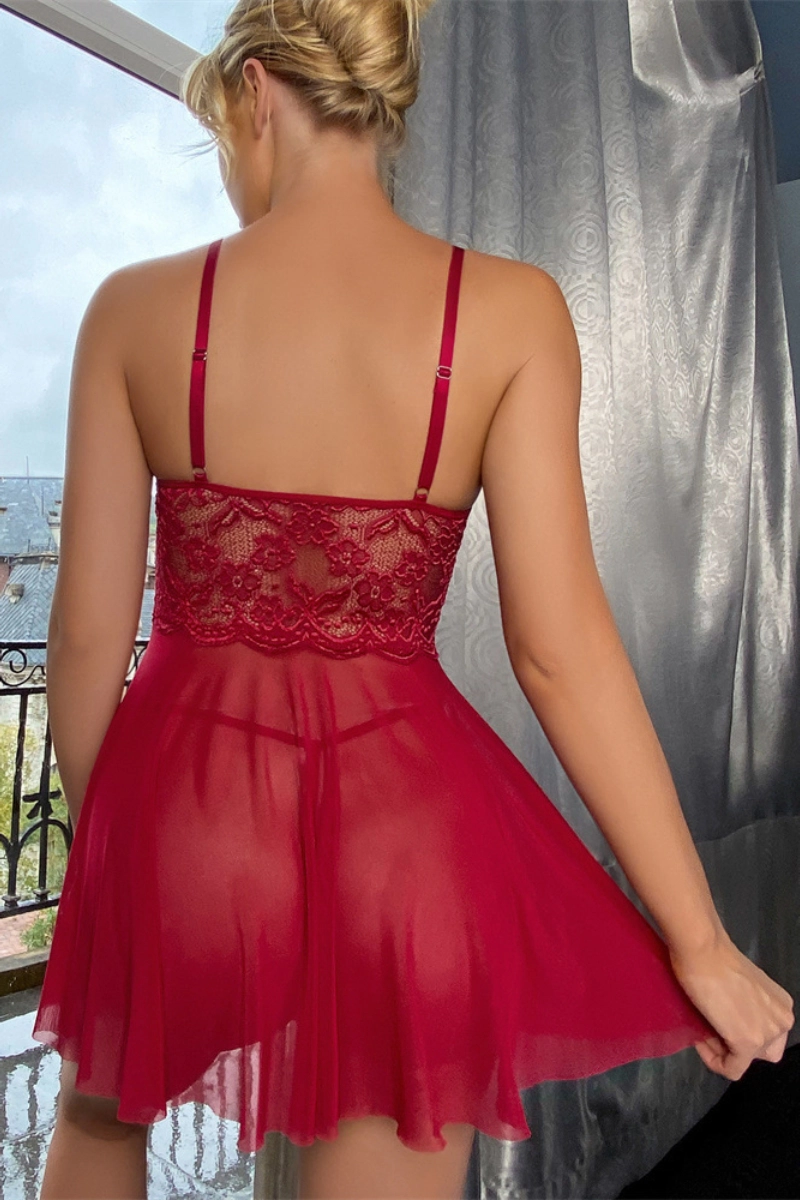 Back view of burgundy wholesale long sleeve lace pajamas featuring floral lace