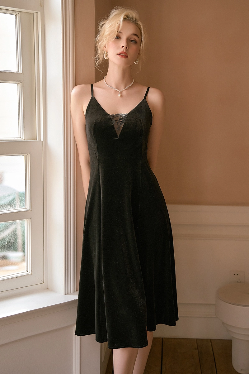 Alt:Black B2B long sleeve lace Pajama with sheer lace detail at bust