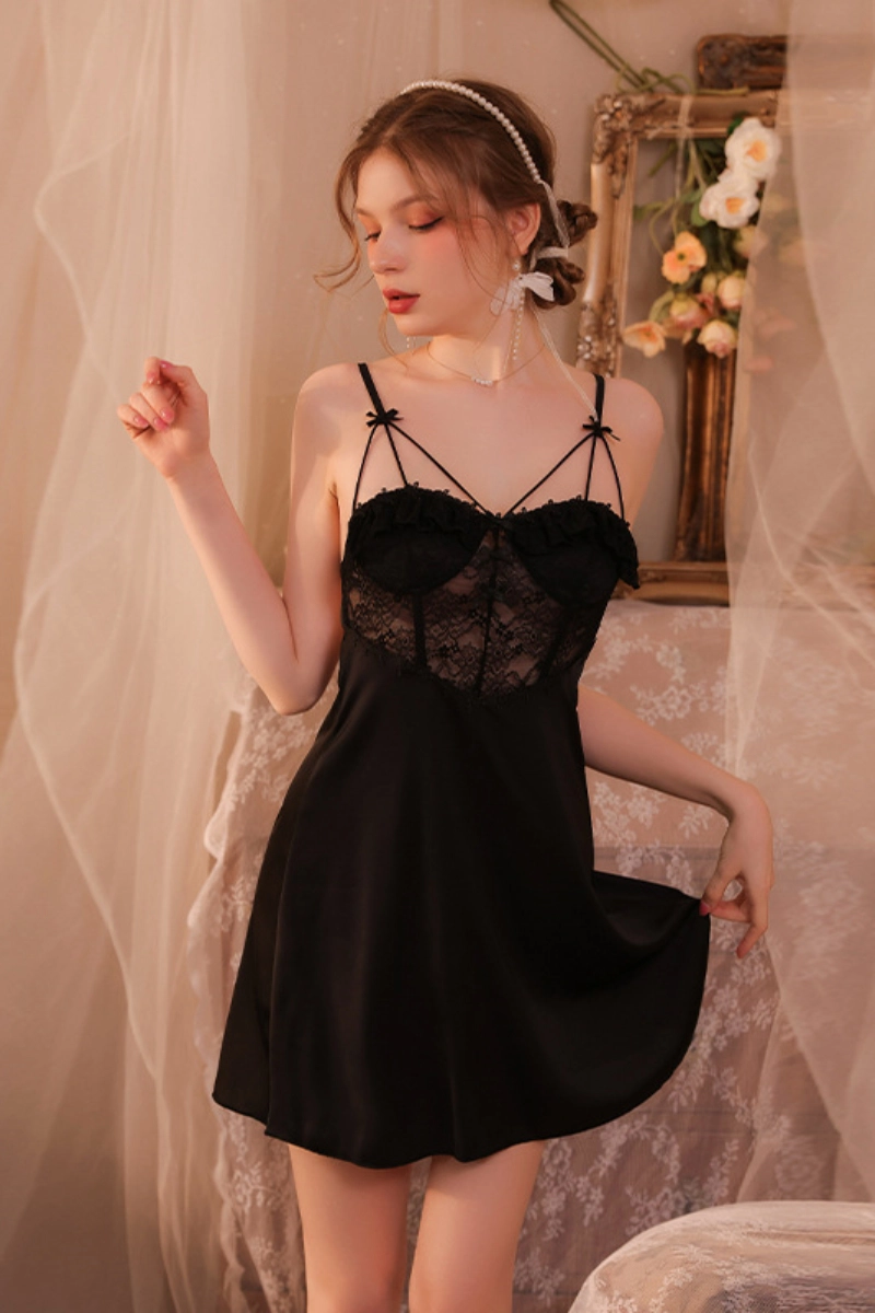 Alt Text:Black wholesale lace Pajamas torrid with crisscross straps and lace
