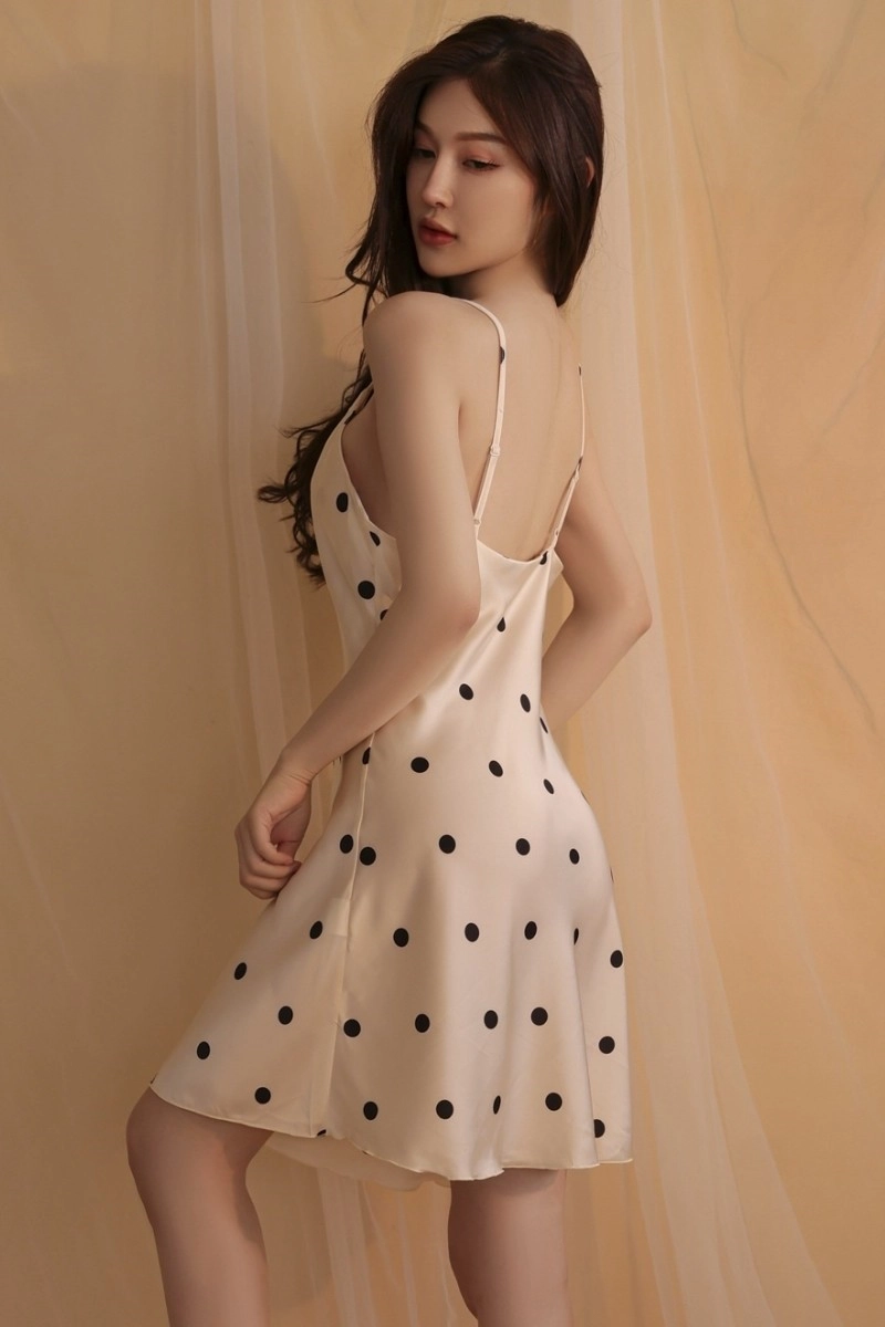 Alt Text:Bulk lace Pajamas long in champagne satin with black polka dots