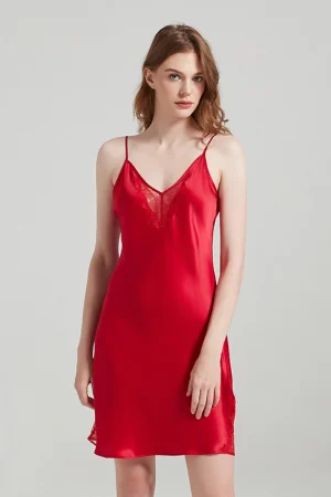 Custom crochet lace pajama in bold red satin with romantic lace neckline