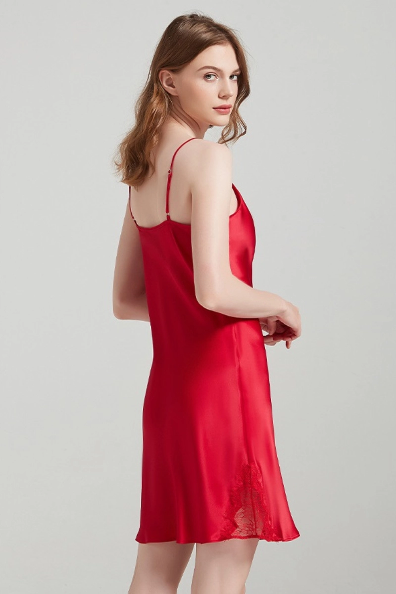 Custom crochet lace pajama in red satin shown from the back with lace hem