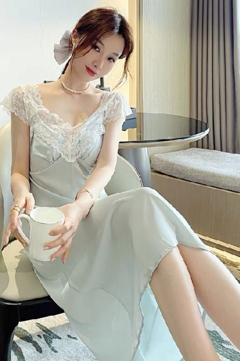 Custom elegant lace pajamas in ice blue satin with lace V neckline