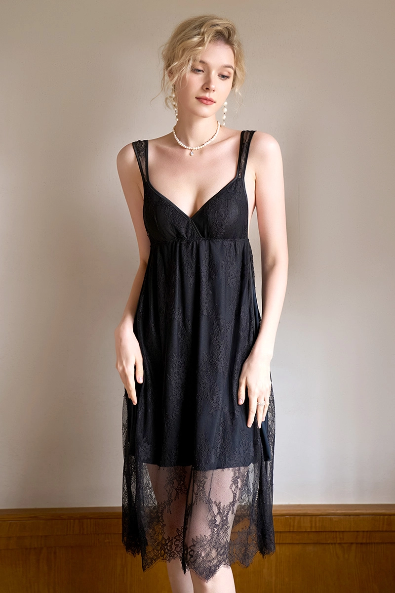 Black custom lace ladies Pajama with sheer lace overlay design