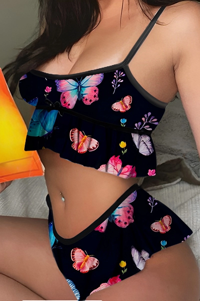 Alt Text:Custom lace transparent pajamas featuring multicolor butterflies on black base