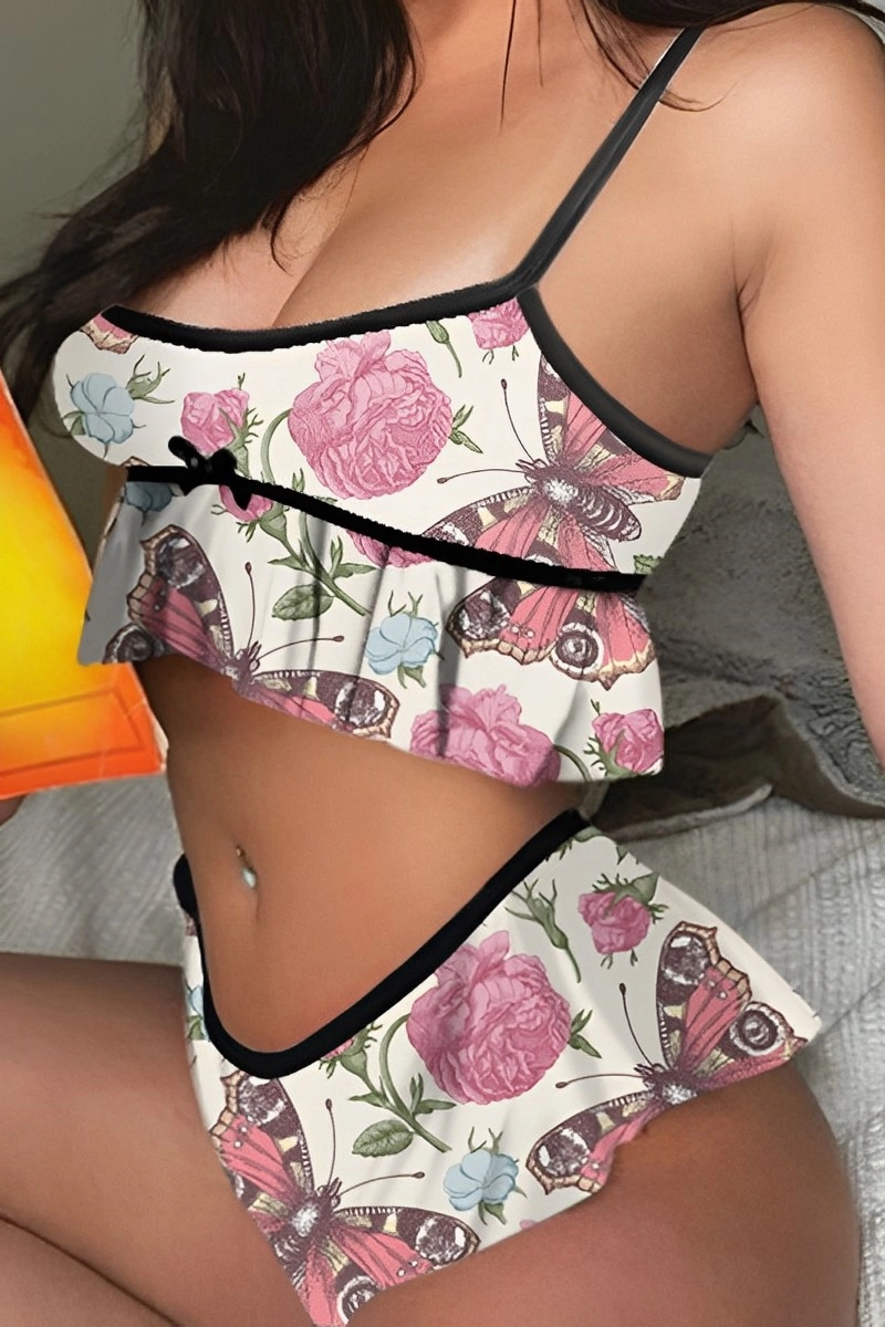 Alt Text:Custom lace transparent pajamas with pink butterfly and flower pattern