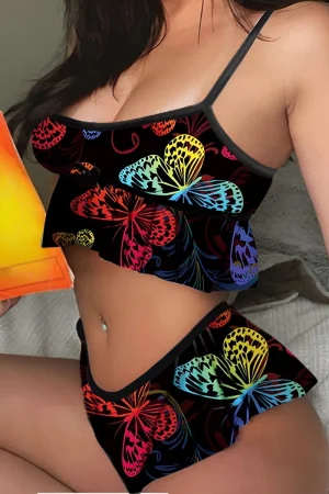 Alt Text：Custom lace transparent pajamas with neon rainbow butterflies