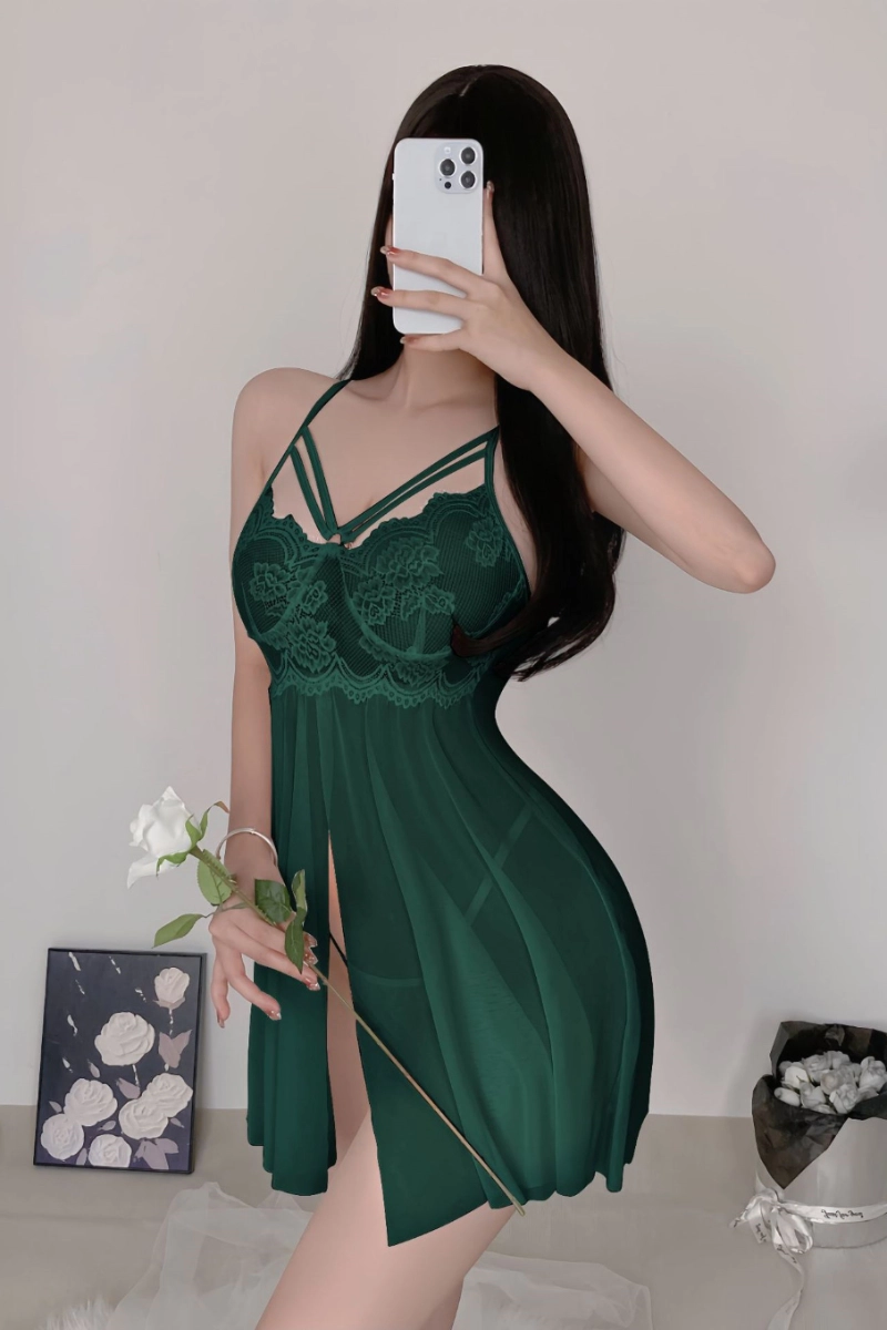 Custom lace Victorian Pajamas with deep green lace and sheer split skirt
