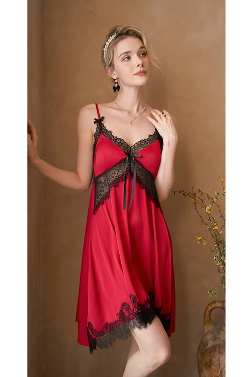 Custom long stretch lace pajamas in red with black lace overlay
