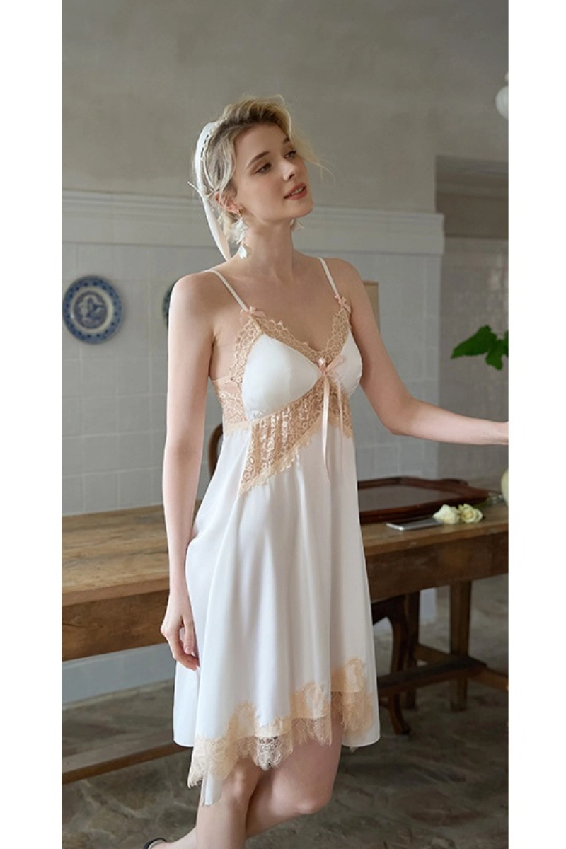 Custom long stretch lace pajamas with white satin and champagne lace trim