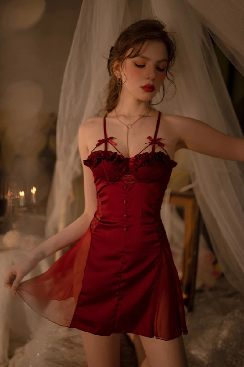 Alt Text:Red oem lace cotton pajamas with sheer side panels and buttons