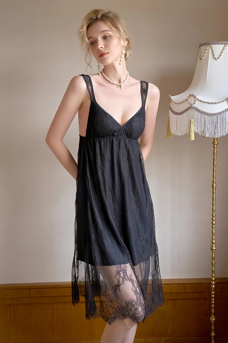 Black custom lace ladies Pajama with transparent lace hemline