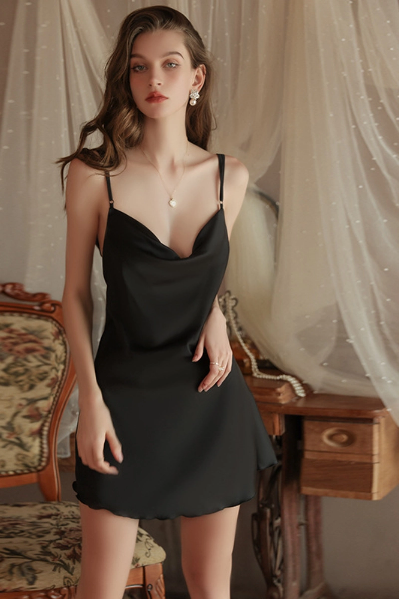 Alt Text:Model in black custom lace sleeve pajamas with draped neckline