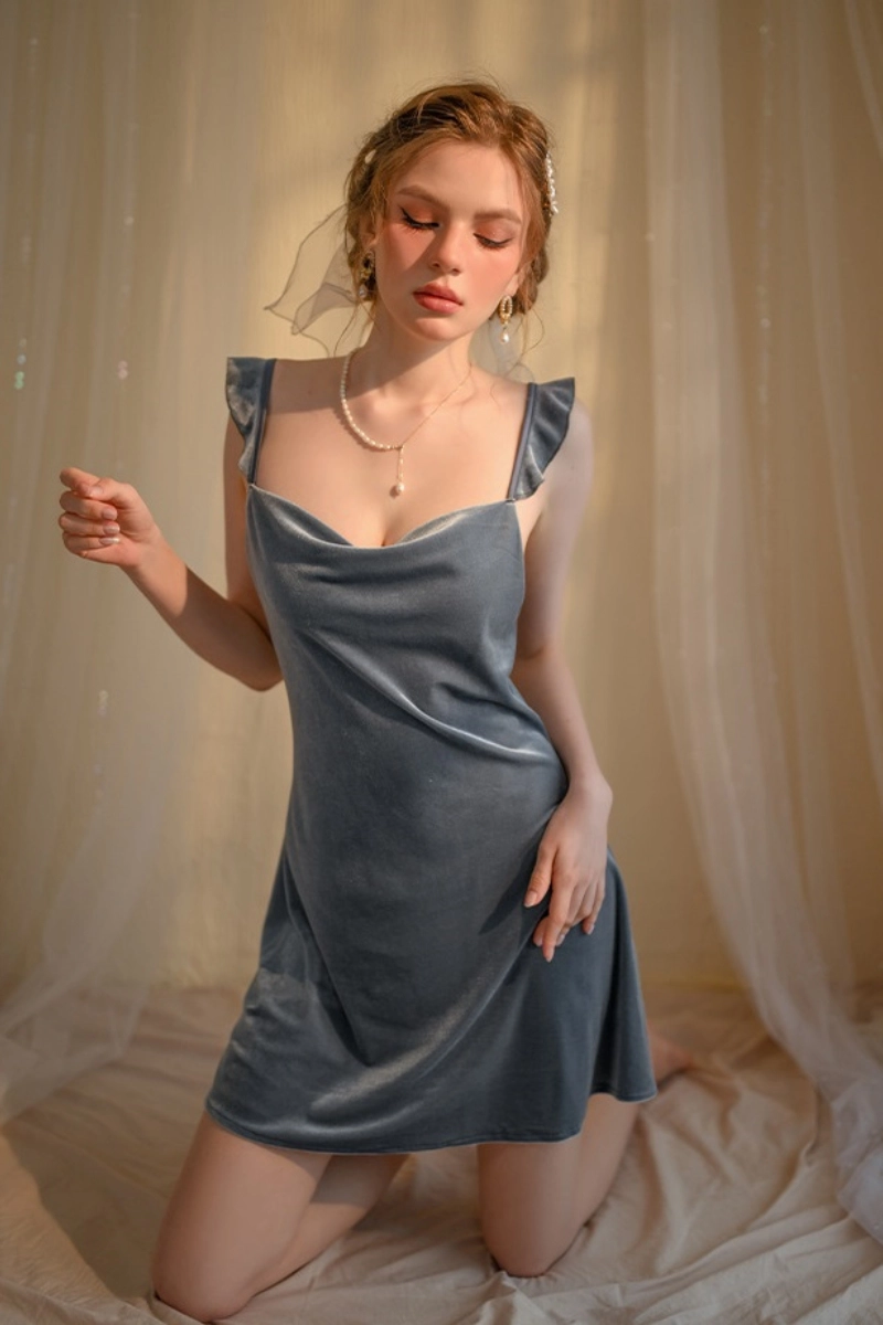 Alt Text: Blue grey wholesale lace Pajamas cheap with ruffle strap and soft texture