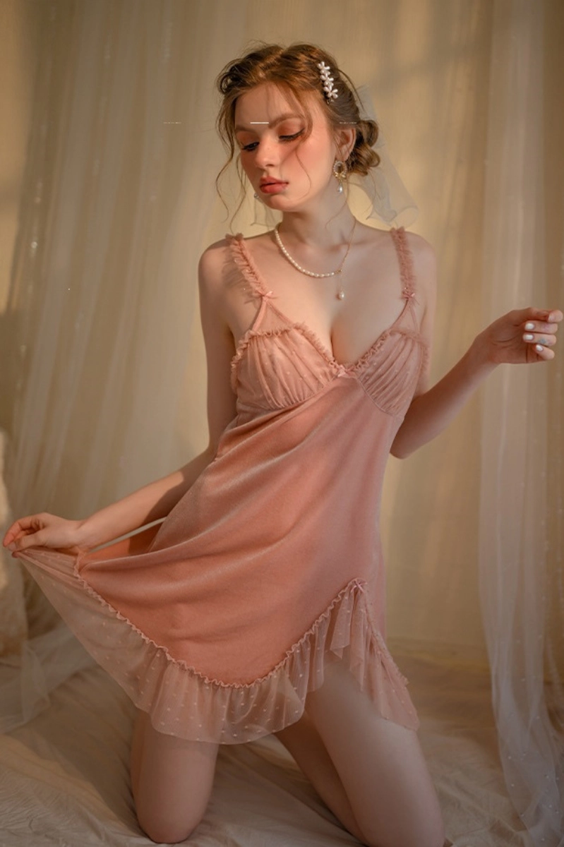 Alt Text:Model wearing pink custom lace Pajamas torrid design