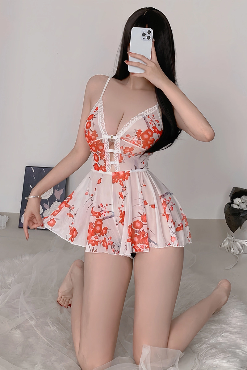 OEM lace Victorian Pajamas featuring red floral mesh, lace straps, and A-line shape
