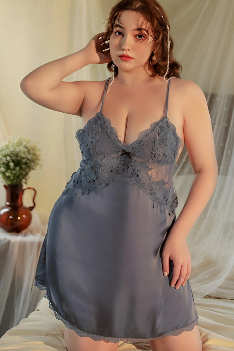 Alt Text:gray blue wholesale lace top nightgown with lace bodice