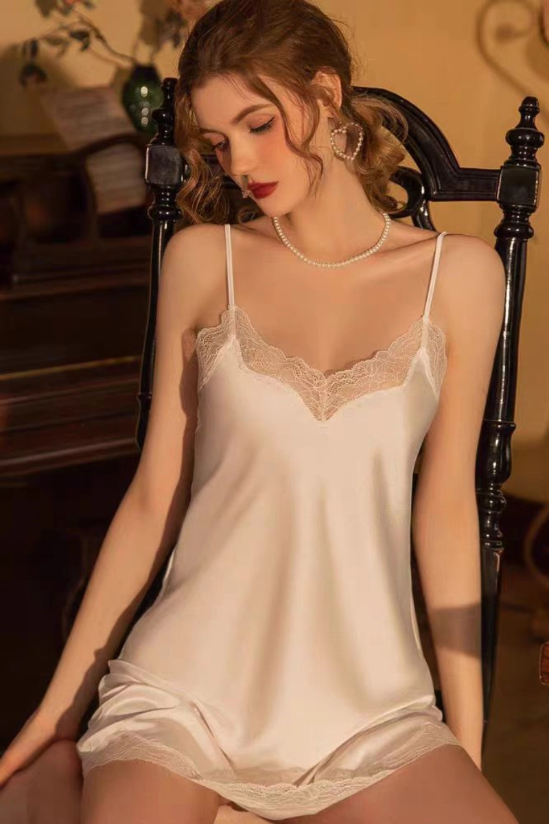 Alt:White wholesale lace and silk pajamas with ivory lace detail