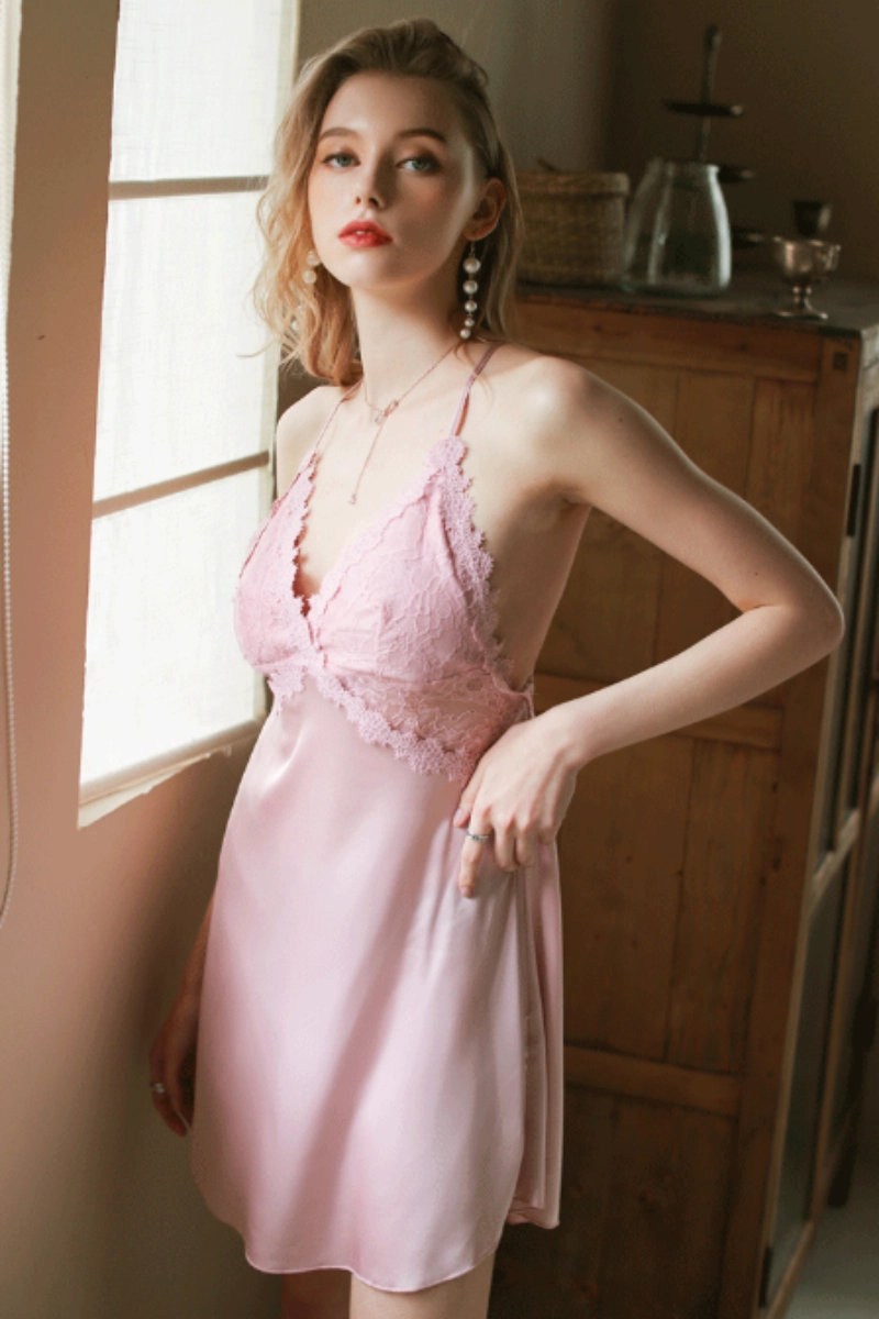 Alt:OEM chiffon and lace pajamas in light pink with soft floral lace cups